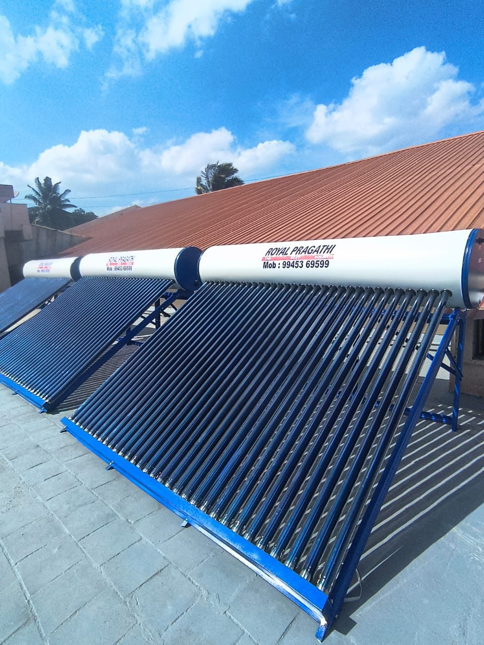 ROYAL PRAGATI ETC solar water heater installed on a roof