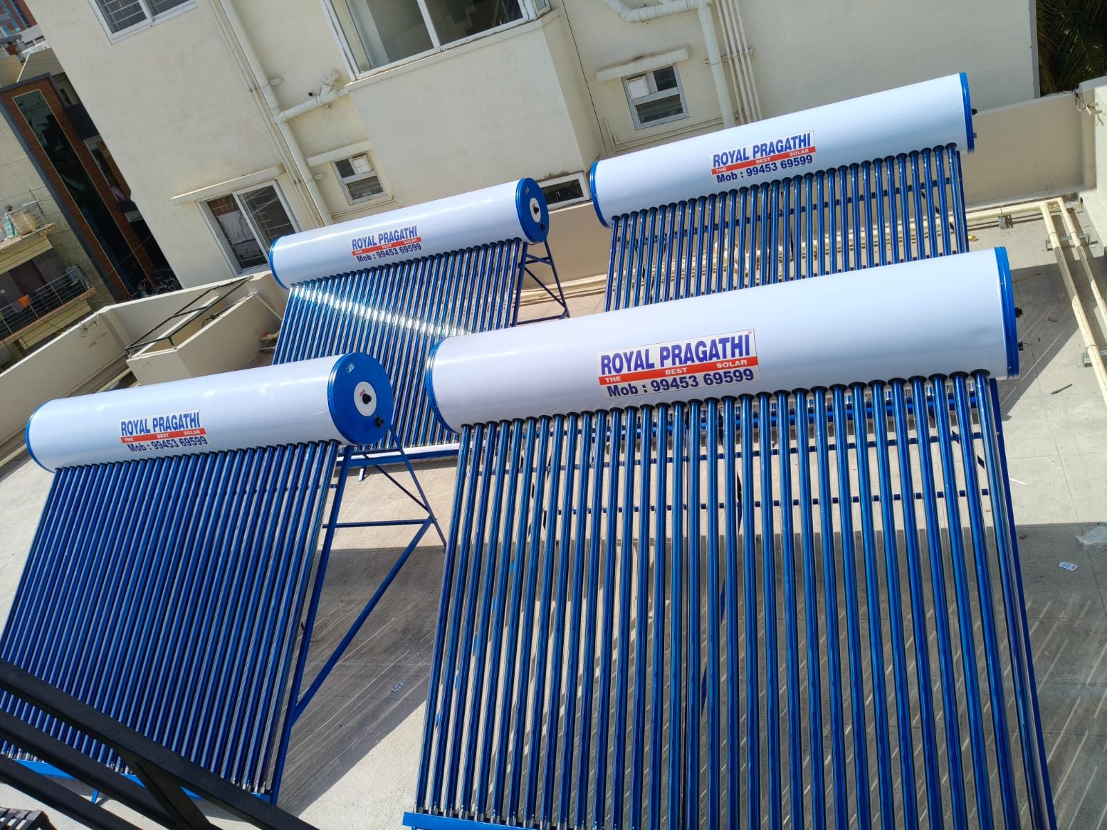 ROYAL PRAGATI ETC solar water heaters installed on a Bangalore rooftop